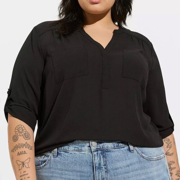TORRID 2 Plus Size Harper 3/4 Sleeve Pullover Blouse Solid Black Georgette Work - Picture 1 of 16